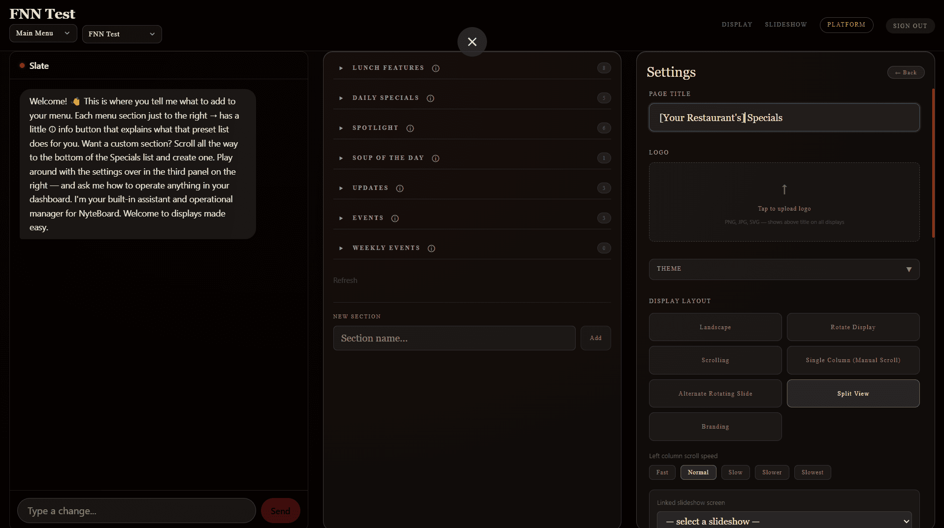 The NyteBoard dashboard — Slate the assistant, menu sections, and the settings panel