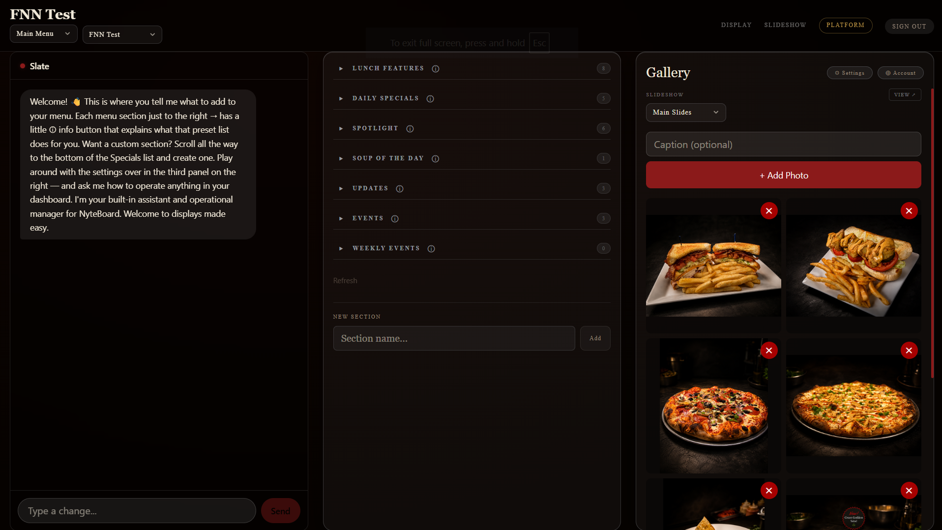 The photo gallery panel with food photos and an Add Photo button