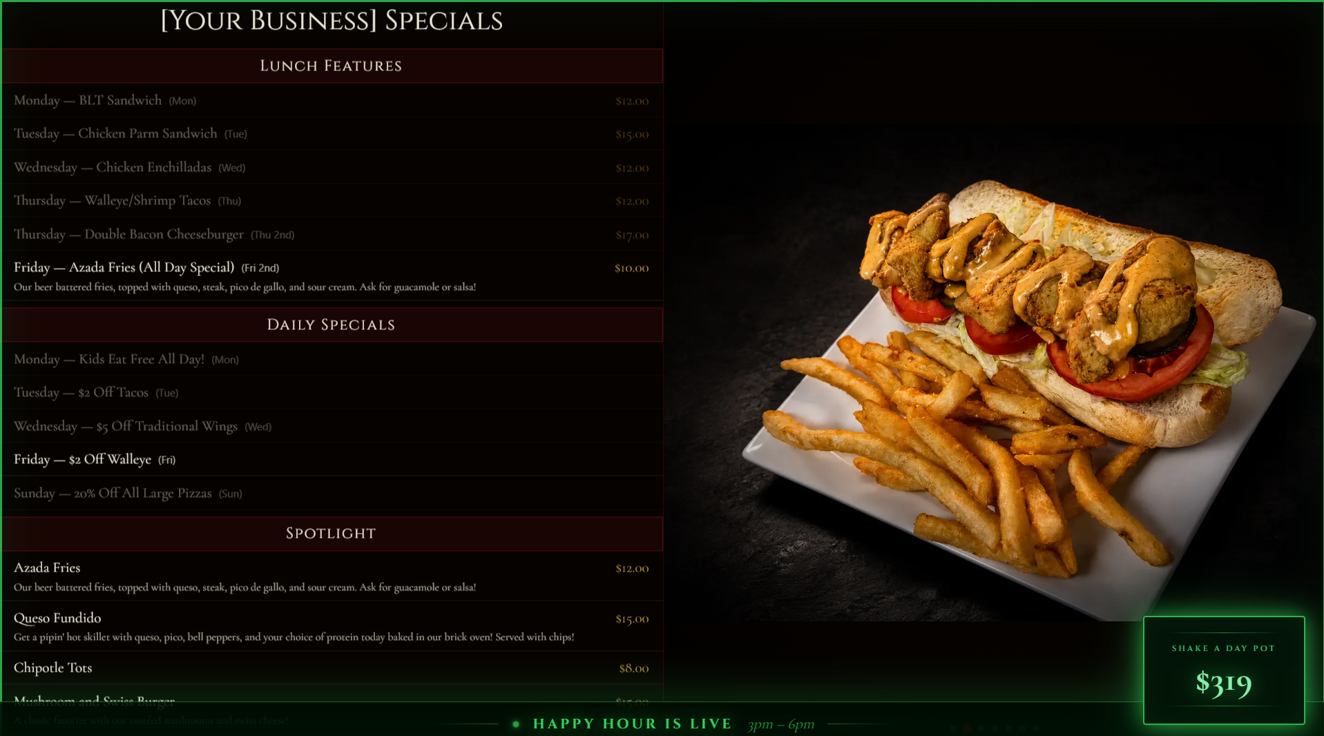 A finished NyteBoard menu on a TV — specials, a big food photo, and a live happy-hour banner