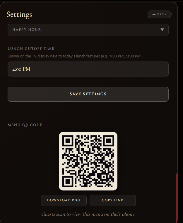 Settings panel showing happy hour, lunch cutoff time, and a menu QR code for guests